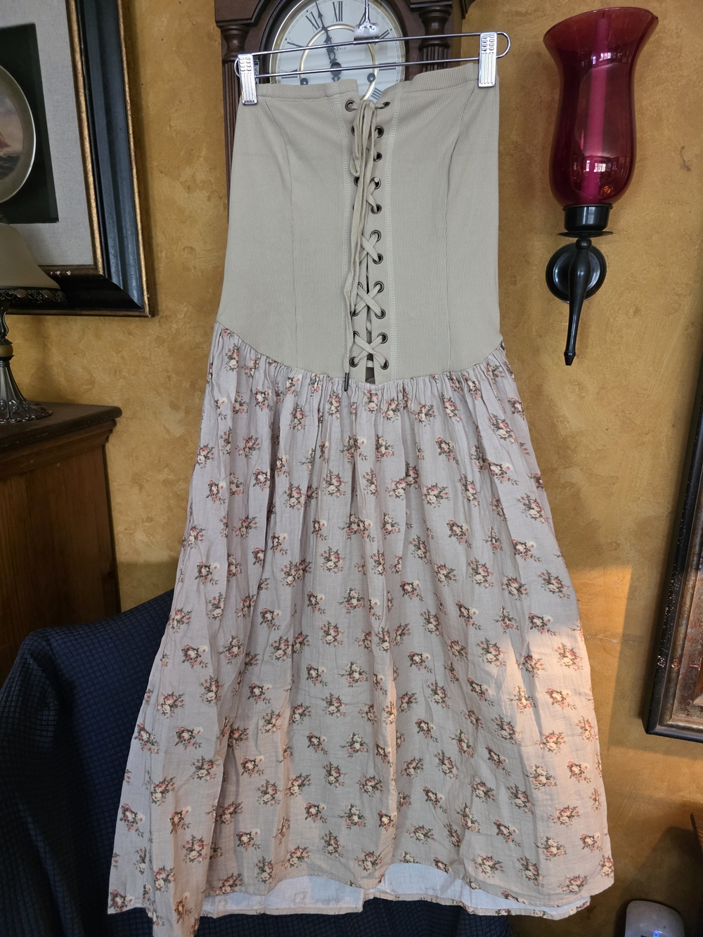 Ecote Beige Lace-Up Corset Dress with Floral Skirt